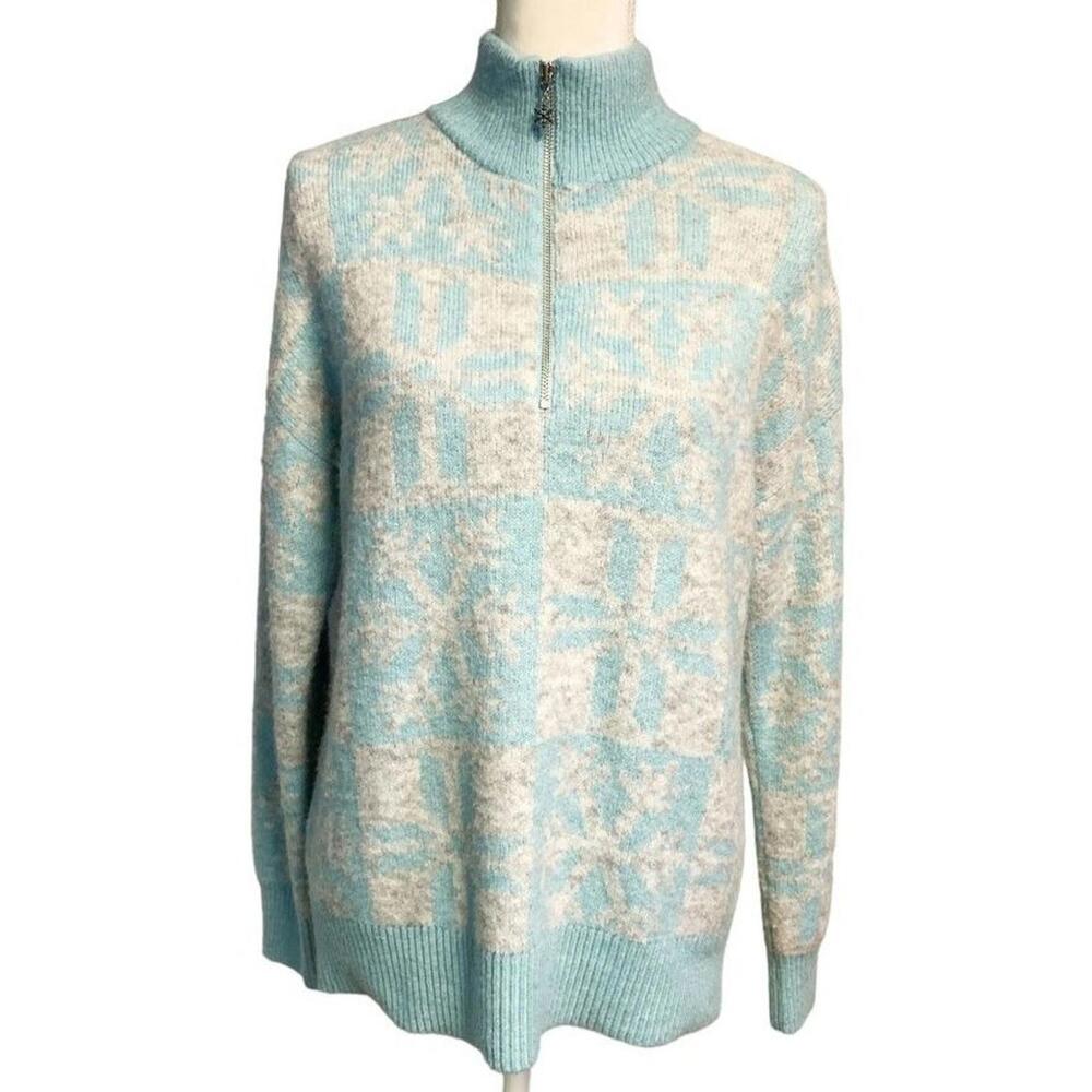 Loft Long Sleeve Snowflake Patchwork Quarter Zip Festive Winter Sweater Medium
